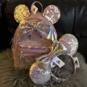 NWT Loungefly Disney WDW Pink EARidescent Mini Backpack & Minnie Ears Set Spring